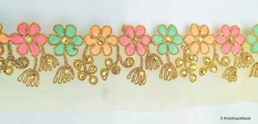 Gold Sheer Tissue Fabric Trim With Embroidered Pastel Pink, Green & Gold Flowers, Embellished With Beads